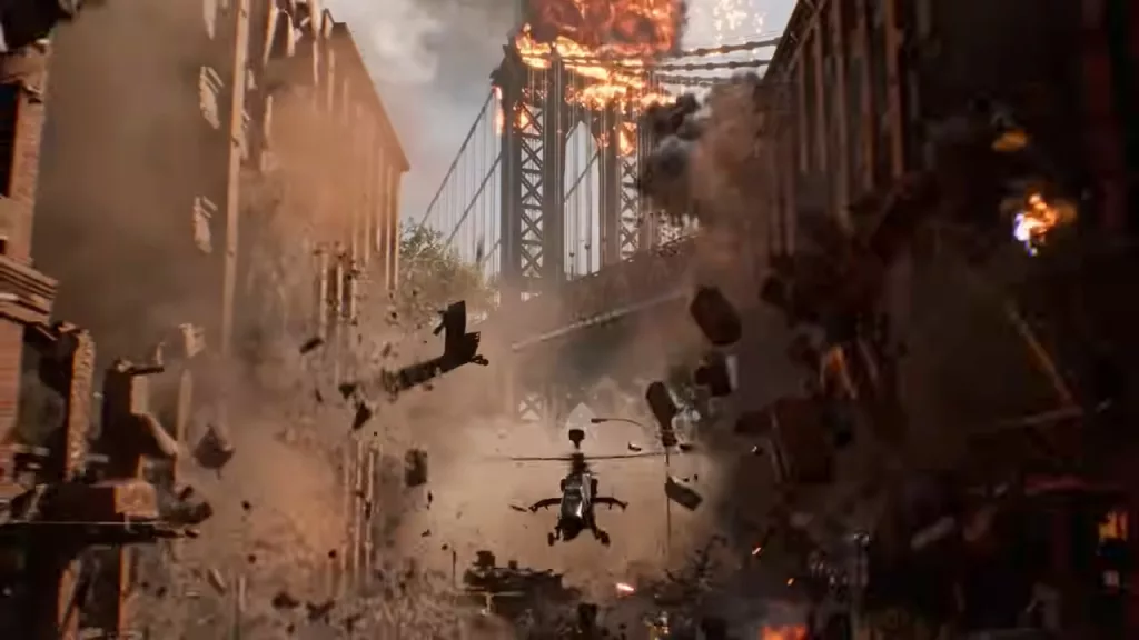Helicóptero em meio a escombros e à frente da ponte de Manhattan em chamas.