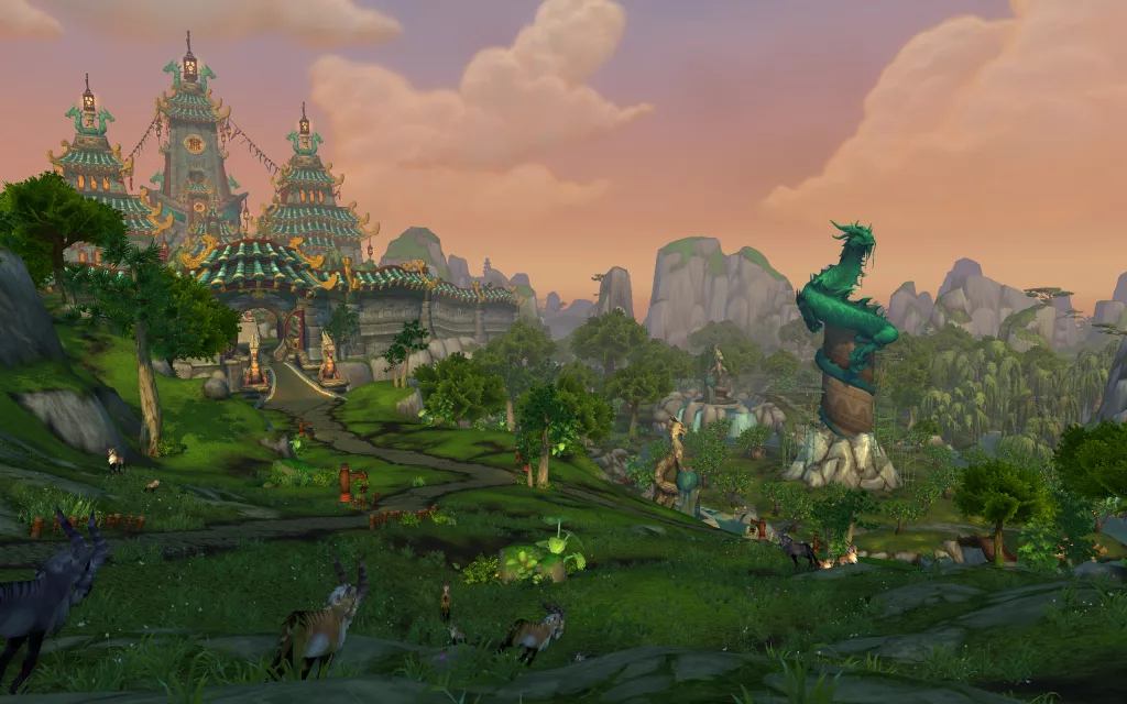 Paisagem com um templo na floresta de jade.