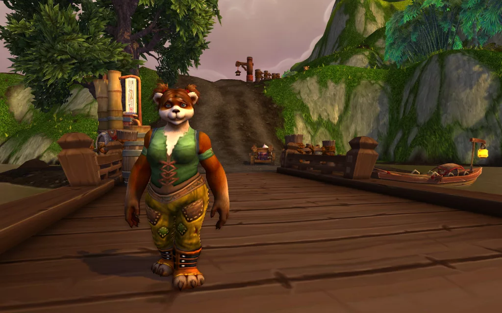 Pandaren fêmea na doca do lago do Vale dos 4 Ventos.