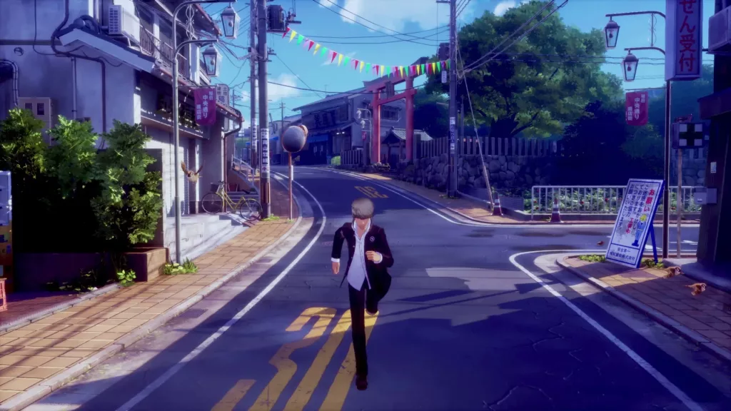 Personagem de Persona 4 correndo no meio da rua.