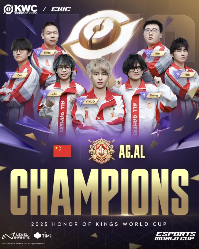 Foto de time AG.AL com troféu e dizeres de campeão em inglês em Honor of Kings World Cup.