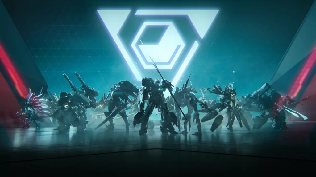 Mechs (atacantes) em frente a um fundo com logo do jogo.