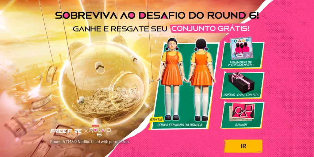 Possíveis conquistas cosméticas da colaboração, como a roupa da boneca, vozes, caixa com fita e o banner.