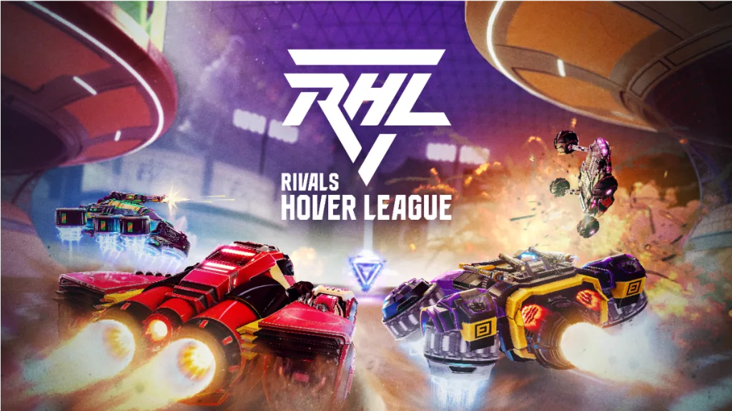 Capa de Rivals Hover League com 4 carros disputando um triangulo brilhante em meio a explosões, tiros e velocidade.