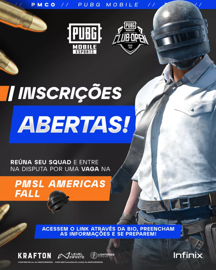 Cartaz divulgando as inscrições abertas do PUBG MOBILE Club Open 2025 com personagem de PUBG à direita.