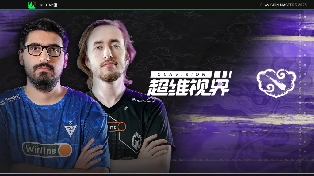 2 jogadores de braços cruzados à frente da logo da Clavision Masters 2025, torneio de Dota 2.