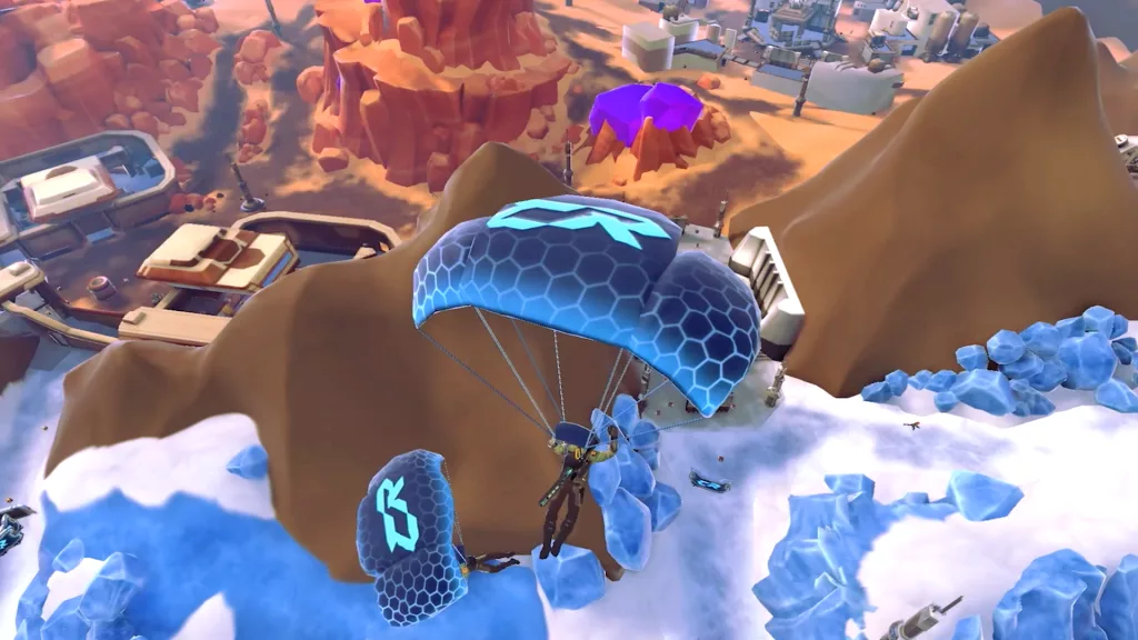 Personagens descendo de paraquedas no jogo Capa Royale.