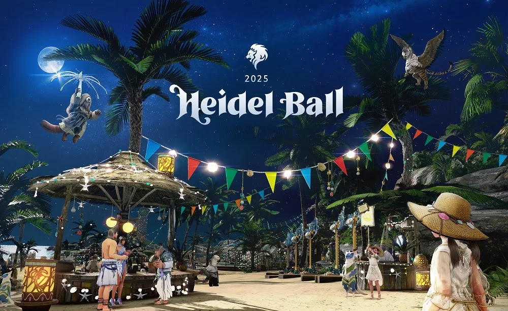 Personagens de Black Desert Mobile em uma praia com quiosques enfeitados e os dizeres em inglês Banquete de Heidel 2025.