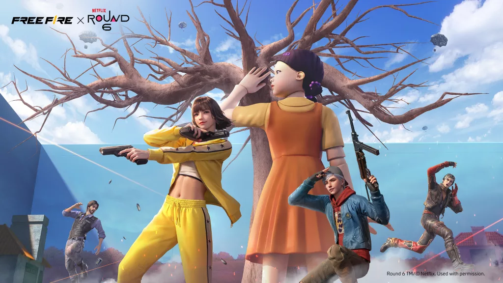 Personagens de Free Fire ao lado da boneca de Round 6.