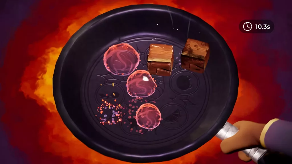 Personagem segurando figideira em mini-game de assar a carne.
