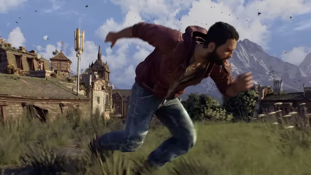 Protagonista de Dying Light: The Beast correndo em local com mato e ruínas de casas.