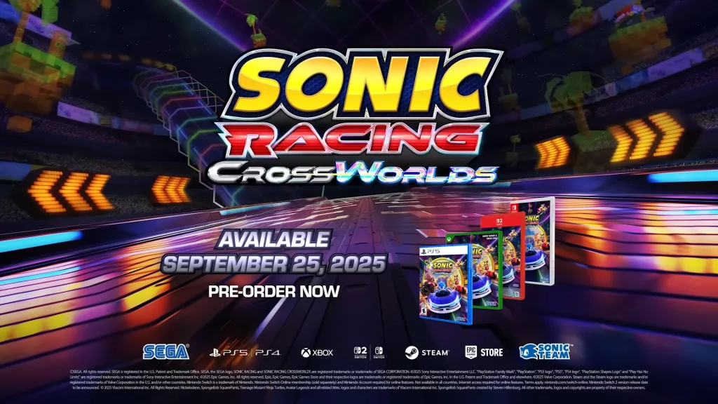 Logo de Sonic Racing: CrossWorlds e versões de vários consoles.