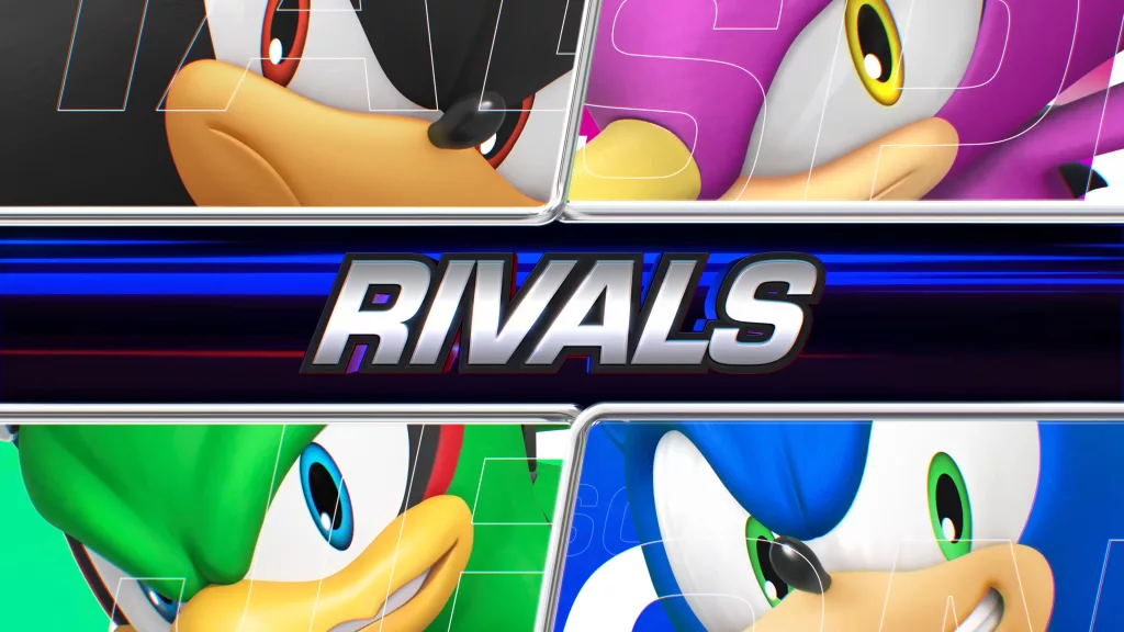 4 personagens em tela dividida e a palavra Rivals no meio.