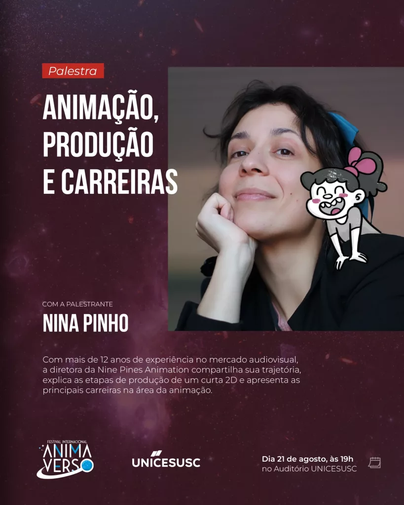Cartaz do AnimaVerso 2025 com a palestrante Nina Pinho.