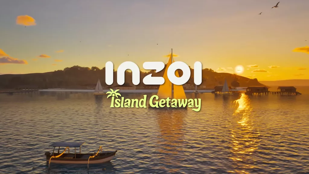 inZOI Islan Getaway escrito à frente e ao fundo mar, montanhas e barcos.