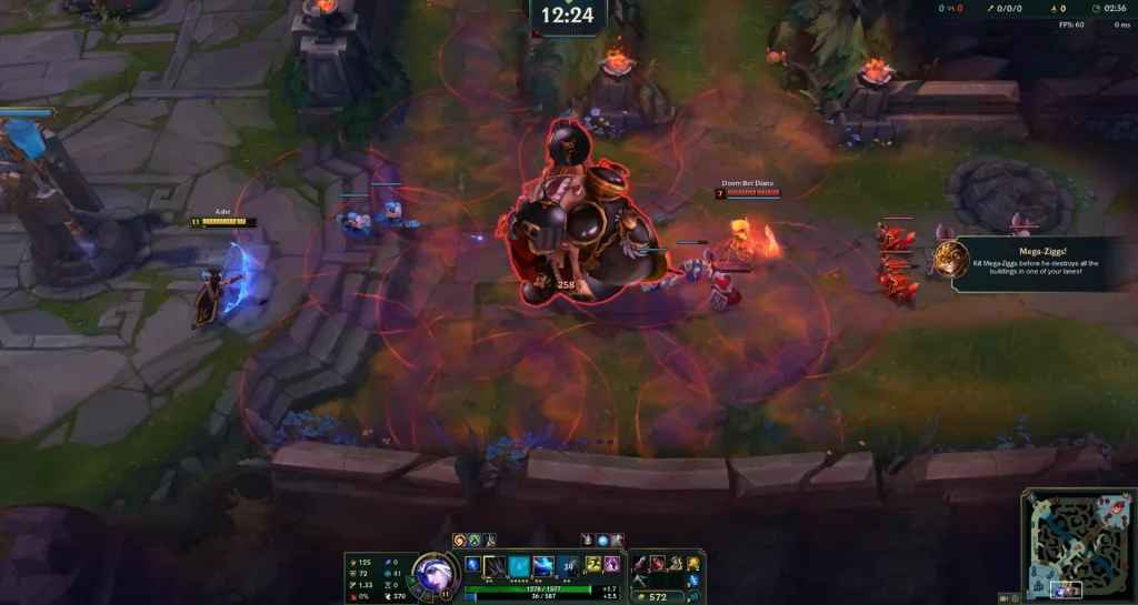 Ziggs gigante destruindo todas as estruturas de uma lane.
