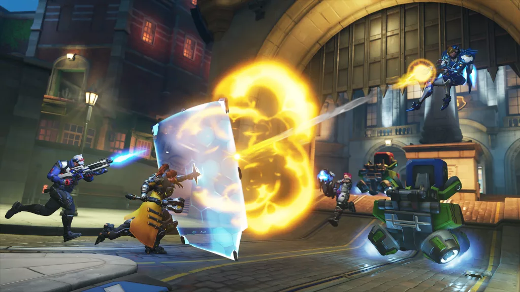 Soldado 76 e Brigitte lutando contra Zarya e Pharah.