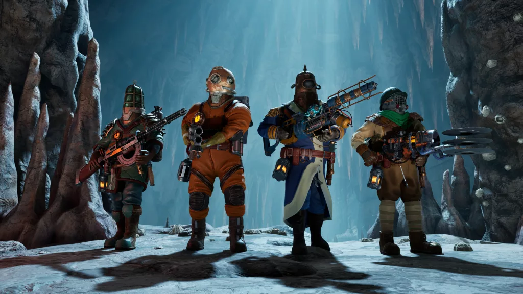 4 personagens em caverna subaquática com roupas diferentes.