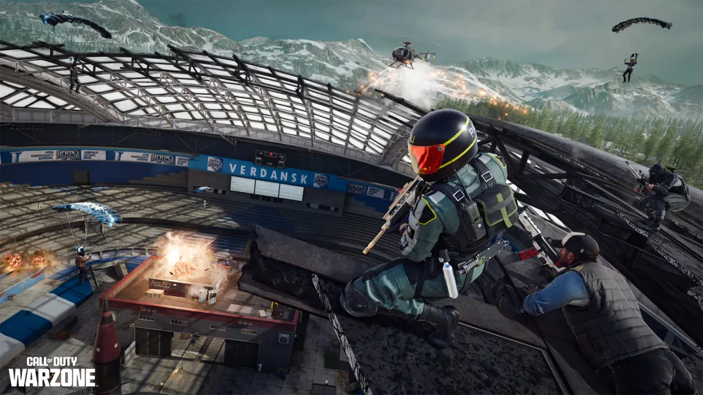 Operadores em cima do estádio de Verdansk em Call of Duty: Warzone temporada 5.