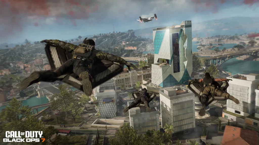 3 Personagem usando Wing Suit voando por Avalon.