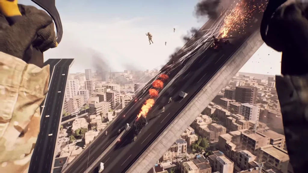 Imagem de um soldado paraquesdista olhado pra uma rua ingreme colocada no céu como um desafio de escalada até o topo, onde entulhos deslizam pela rua atrapalhando a chegada.