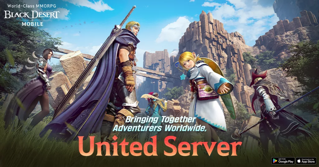 Personagens de Black Desert Mobile em local montanhoso e escritas falando sobre união de servidores.