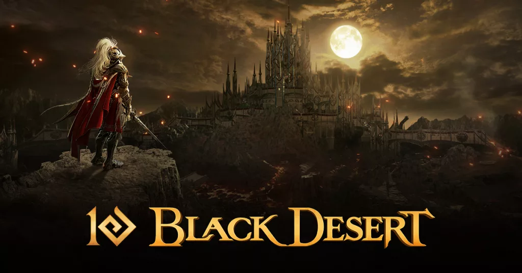 Cavaleiro em montanha olhando para grande castelo a noite em Edania no jogo Black Desert Online.
