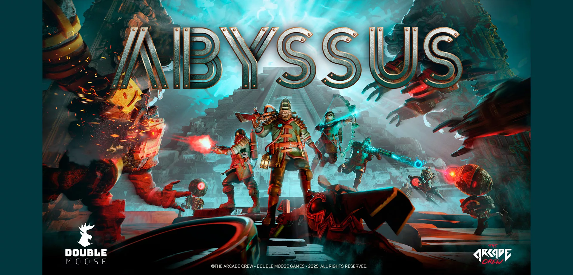 Capa de Abyssus com 4 personagens em local subaquático enfrentando vários inimigos.