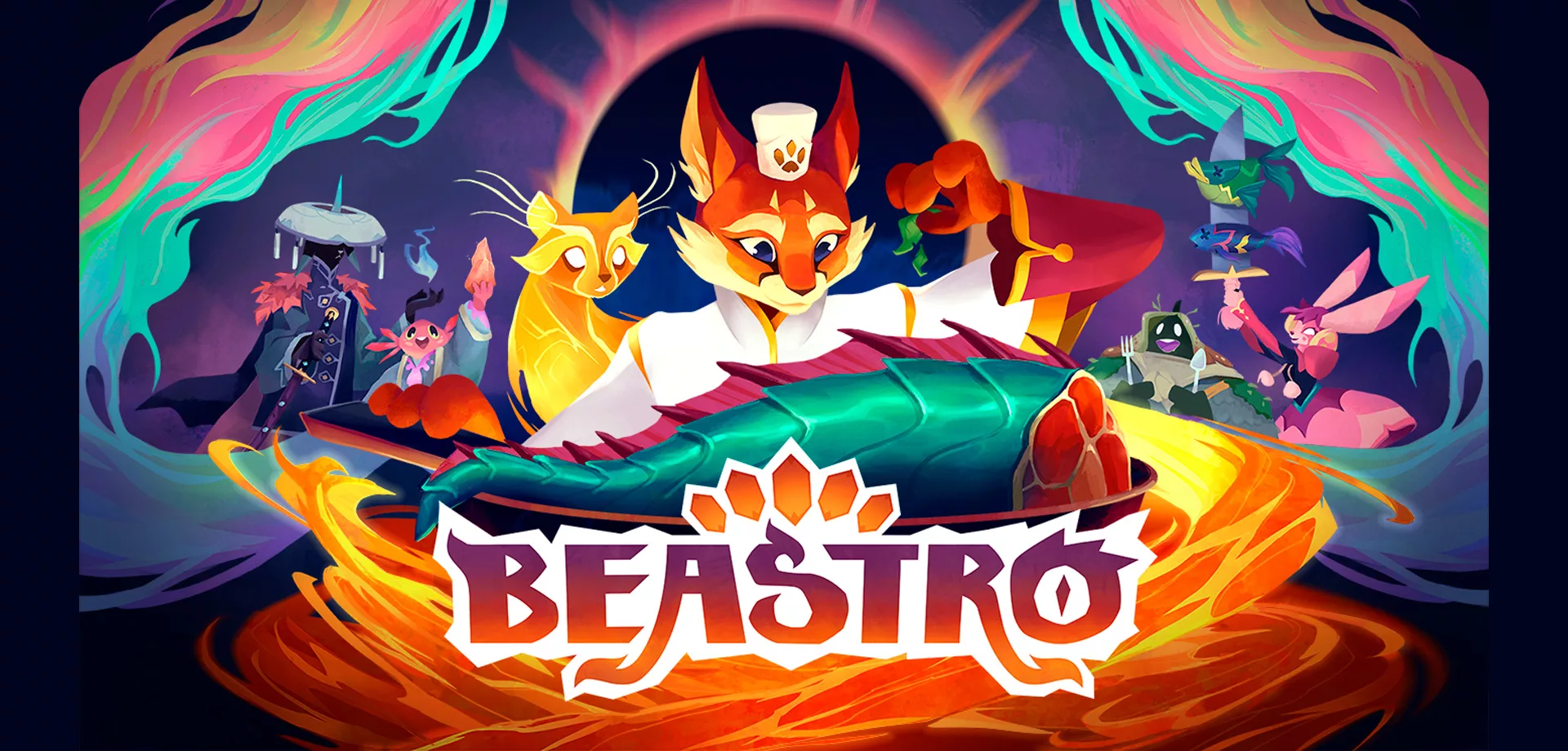Capa de Beastro com raposa antropomorfizada servindo o que parece ser uma cauda de um animal e ao fundo vários outros personagens de Beastro.
