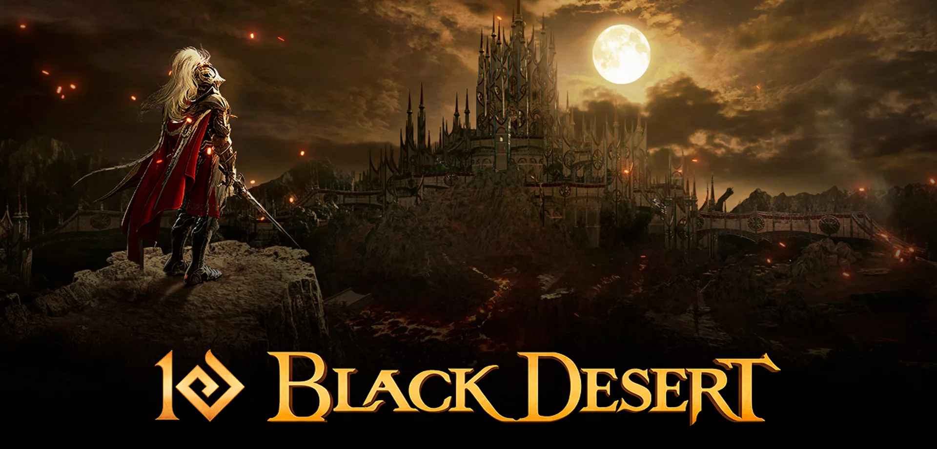 Cavaleiro em montanha olhando para grande castelo a noite em Edania no jogo Black Desert Online.