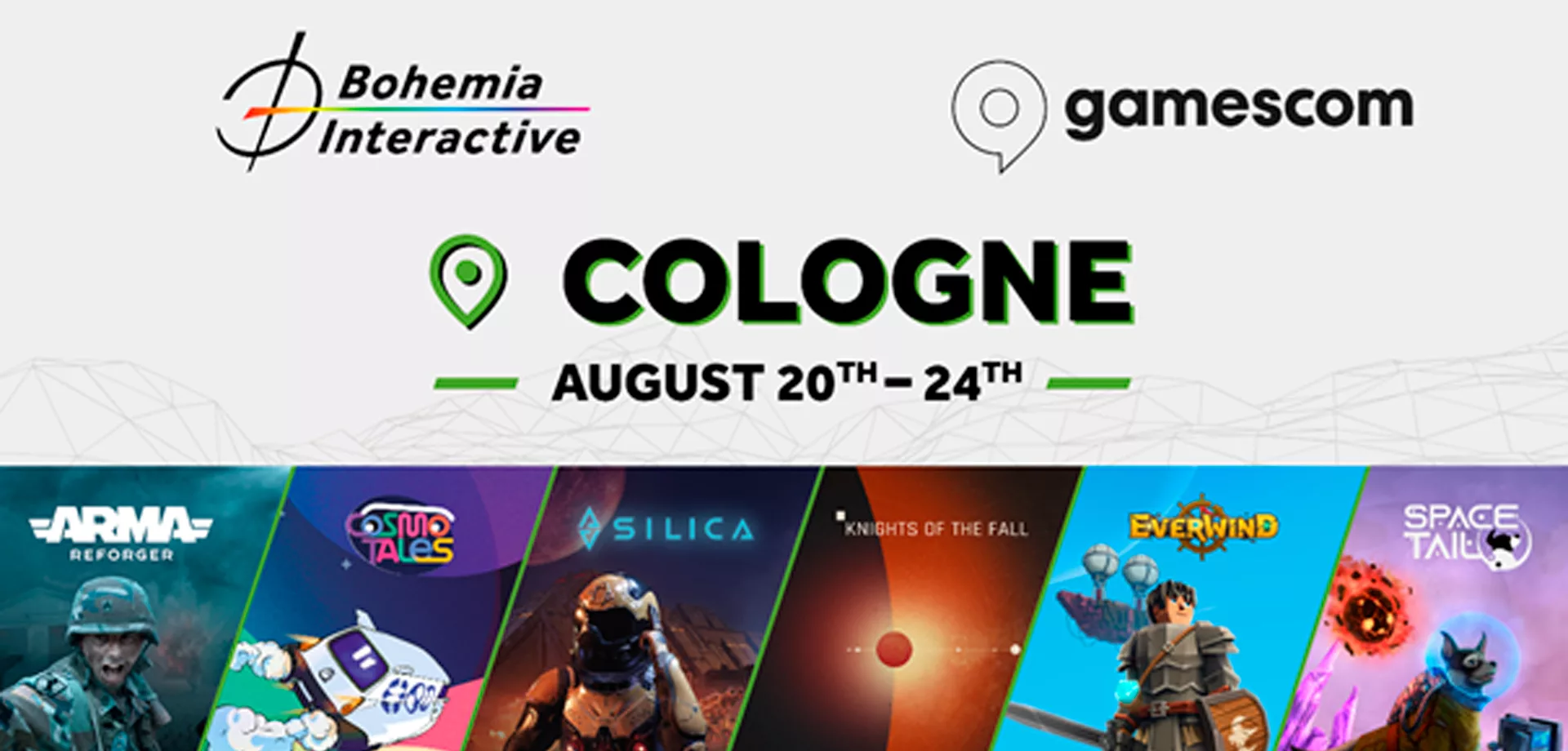 Tela com pequenas imagens dos jogos da Bohemia Interactive na Gamescom 2025 em Cologne, Alemanha.