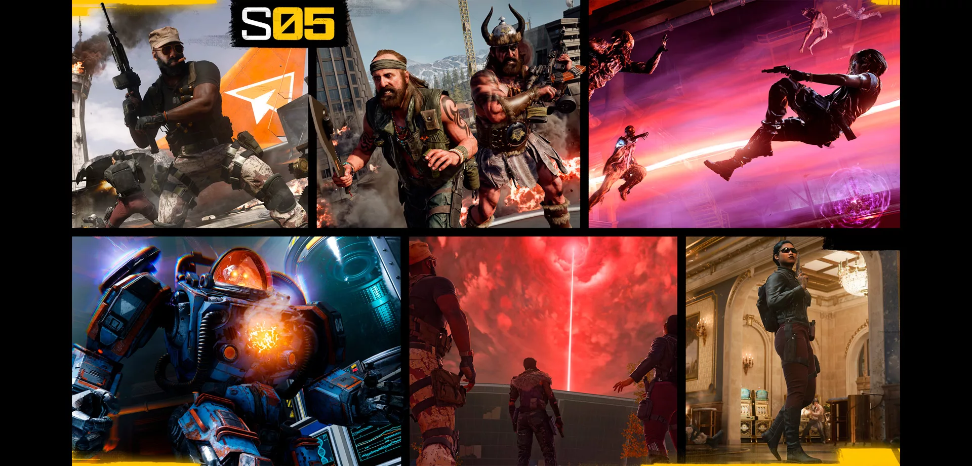 Capa da Temporada 5 de Call of Duty: Black Ops 6 com recortes de todos os modos de jogo e suas skins.