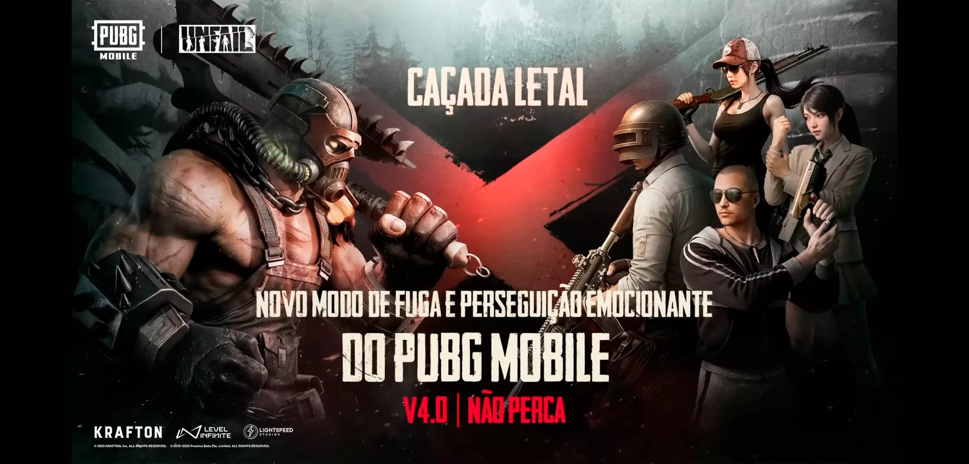 Capa de Caçada Letal de PUBG MOBILE com Predador versus 4 sobreviventes.