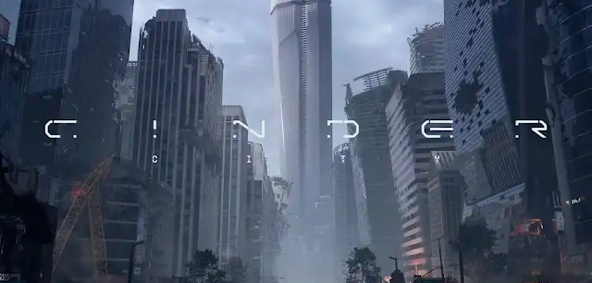 Cidade devastada e a escrita Cinder City á frente.