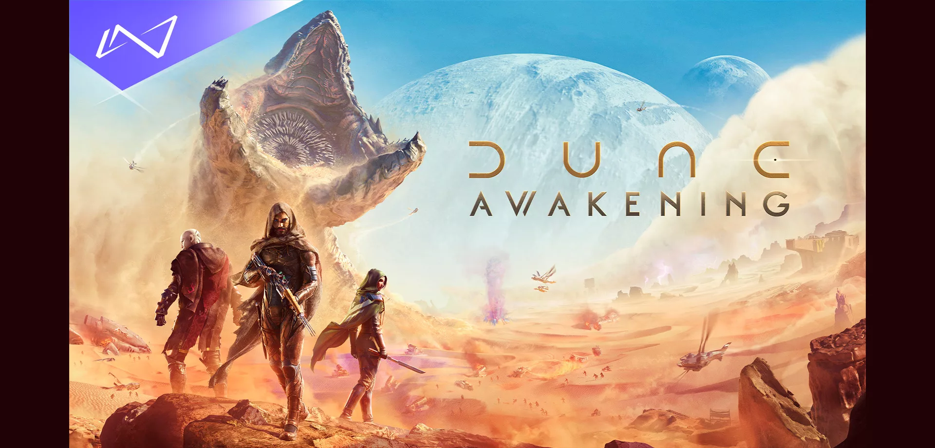 Capa de Dune Awakening com personagens de diferentes famílias em um grande deserto e ao fundo o grande verme de areia.
