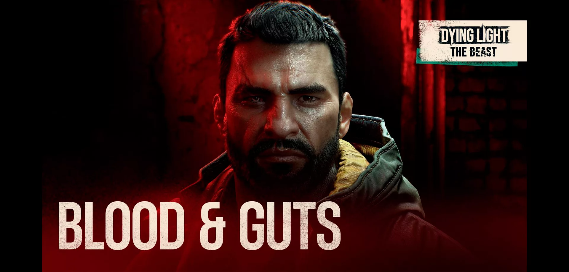 Protagonista Kyle de Dying Light: The Beast com um lado do rosto humano e o outro lado Feral, ao fundo luz vermelha e uma parede, além das escritas Blood & Guts.
