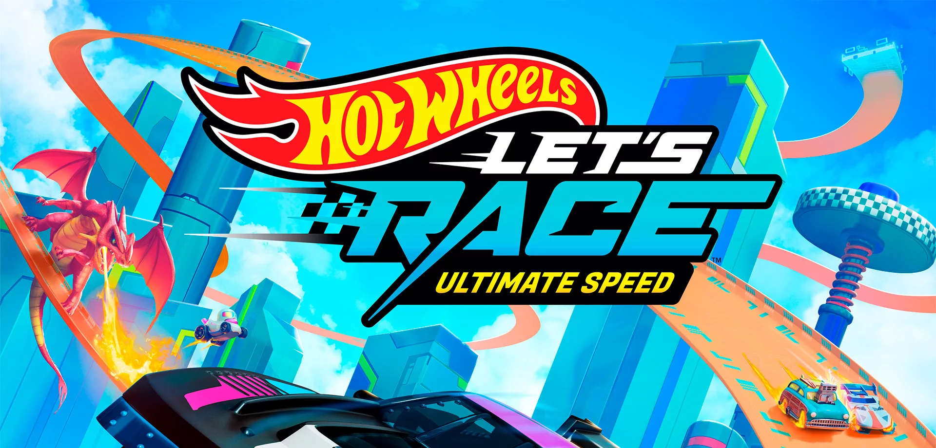 Logo de Hot Wheels Let's Race Ultimate Speed junto de personagens pilotando seus carros em pista icônica e ainda um dragão ao fundo cuspindo fogo na pista.