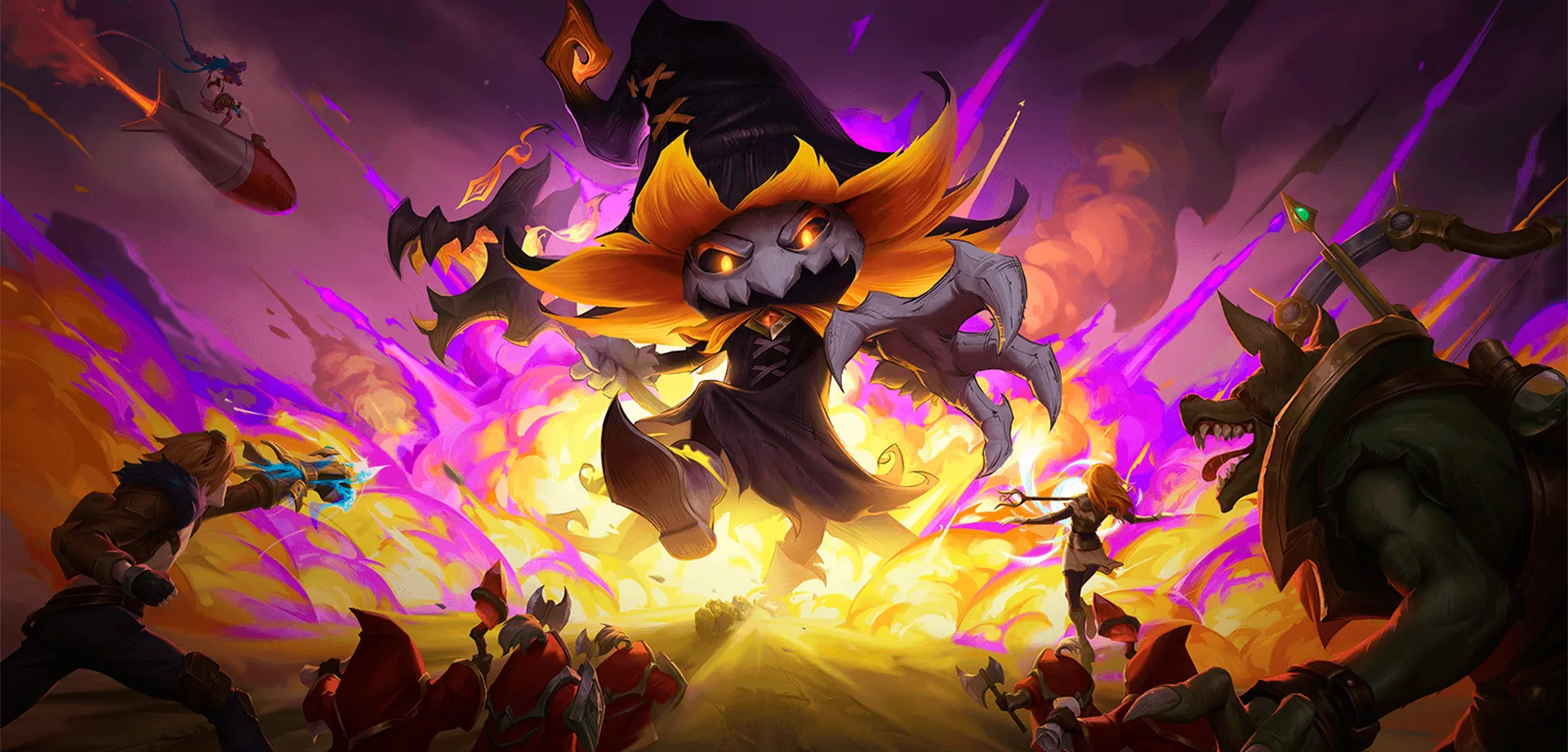 Um grande Veigar lutando contra vários campeões.