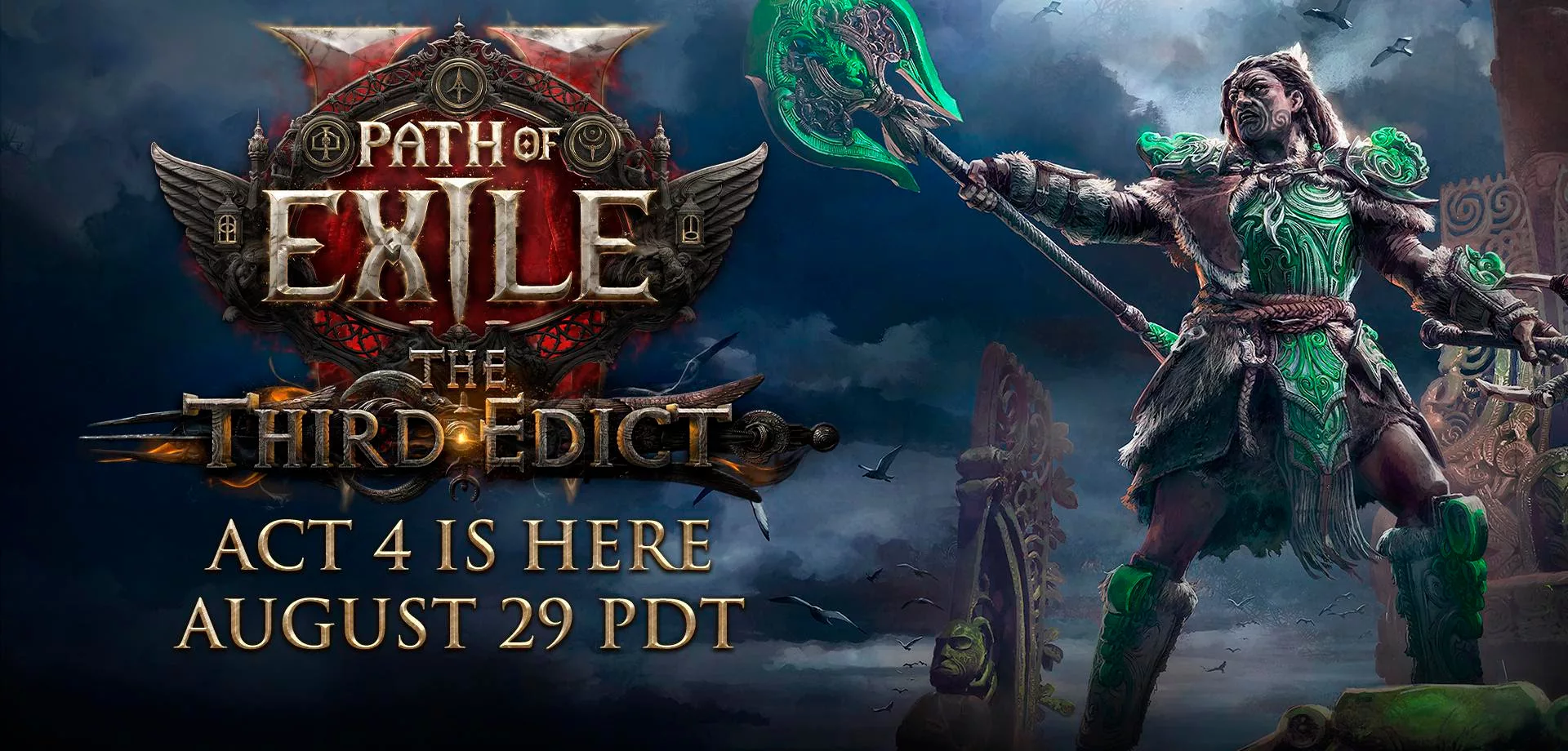 Capa de Path of Exile 2 Terceiro Édito com data de 29 de agosto para o 4º ato e a direita personagem com roupa verde e arma de haste em punhos.