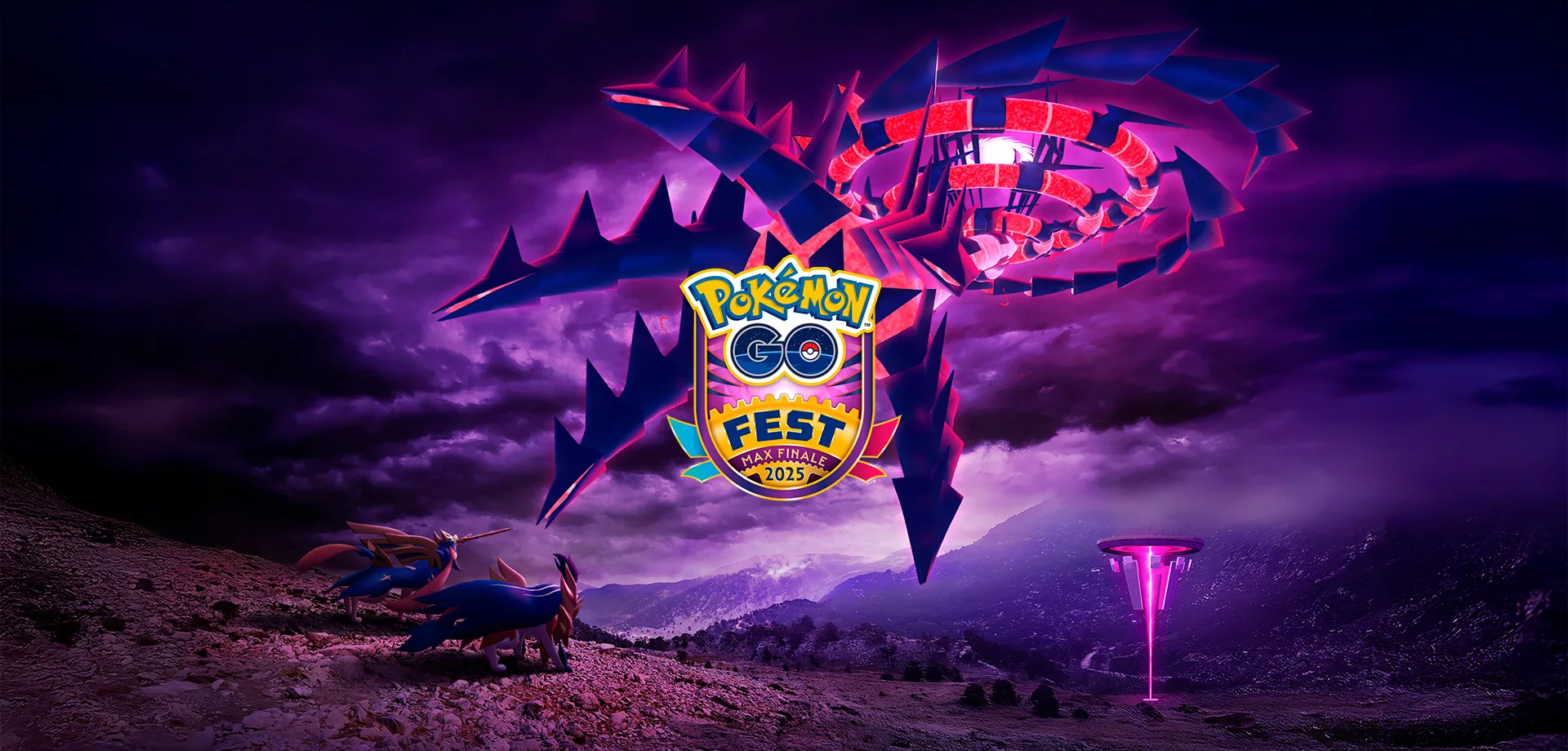 Eternamax de Eternatus tentando alcançar Zacian Coroado e Zamazenta Coroado, ao fundo o céu escuro e à frete o Brasão do Pokémon Go Max Encerramento 2025.