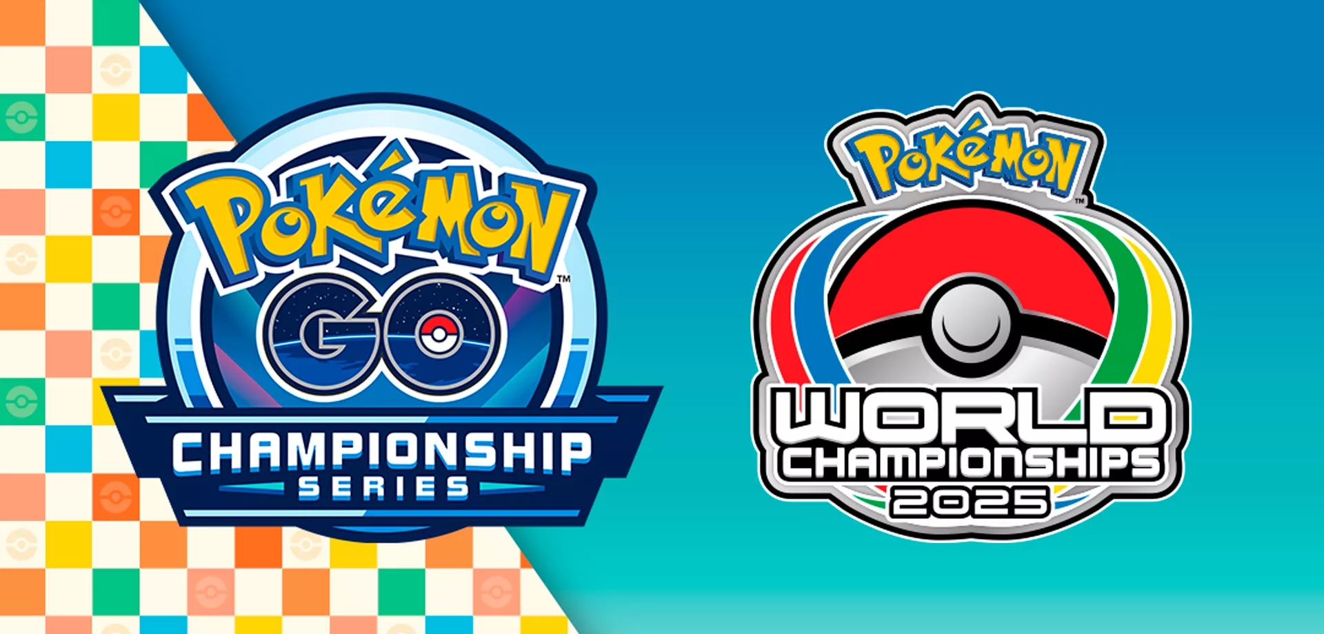 Símbolos do Pokémon Go Championship Series e Pokémon World Championships 2025 em fundo azul e com uma bandeira quadriculada a esquerda.
