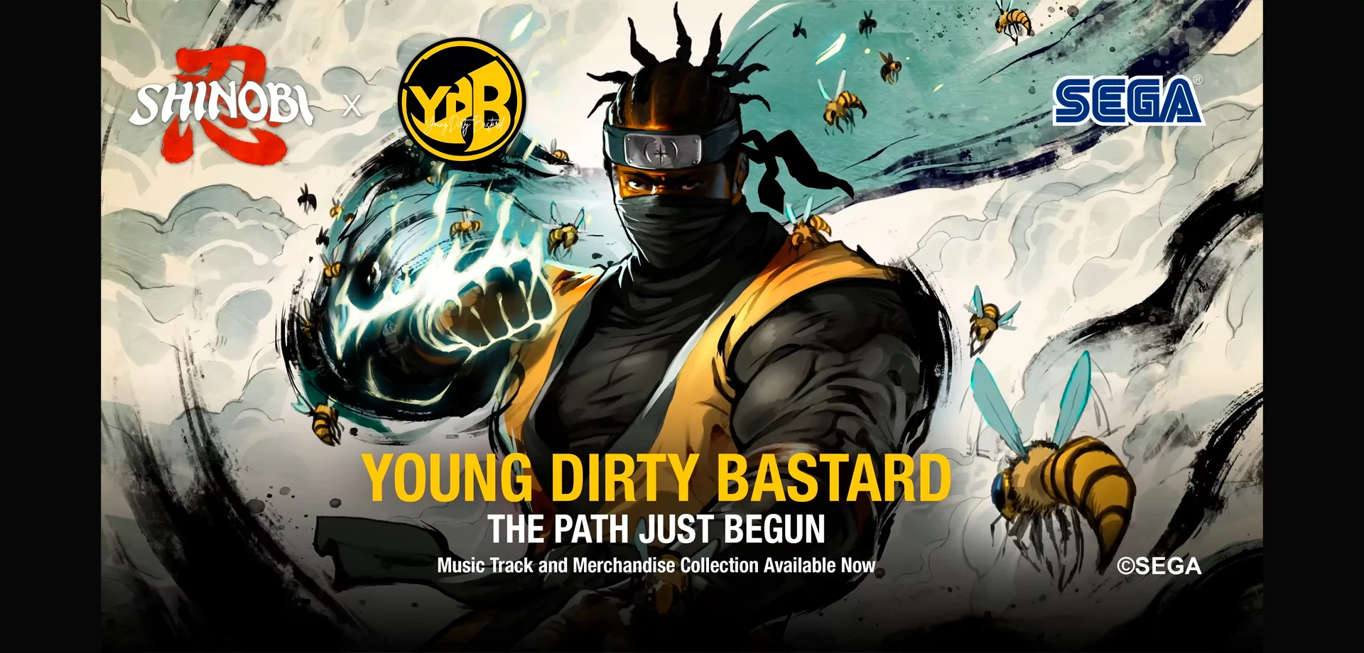 Ninja de Amarelo e com tranças envolto em abelhas e fumaça, além das logos de Shinobi Art Of Vengeance e de Young Dirty Bastard.
