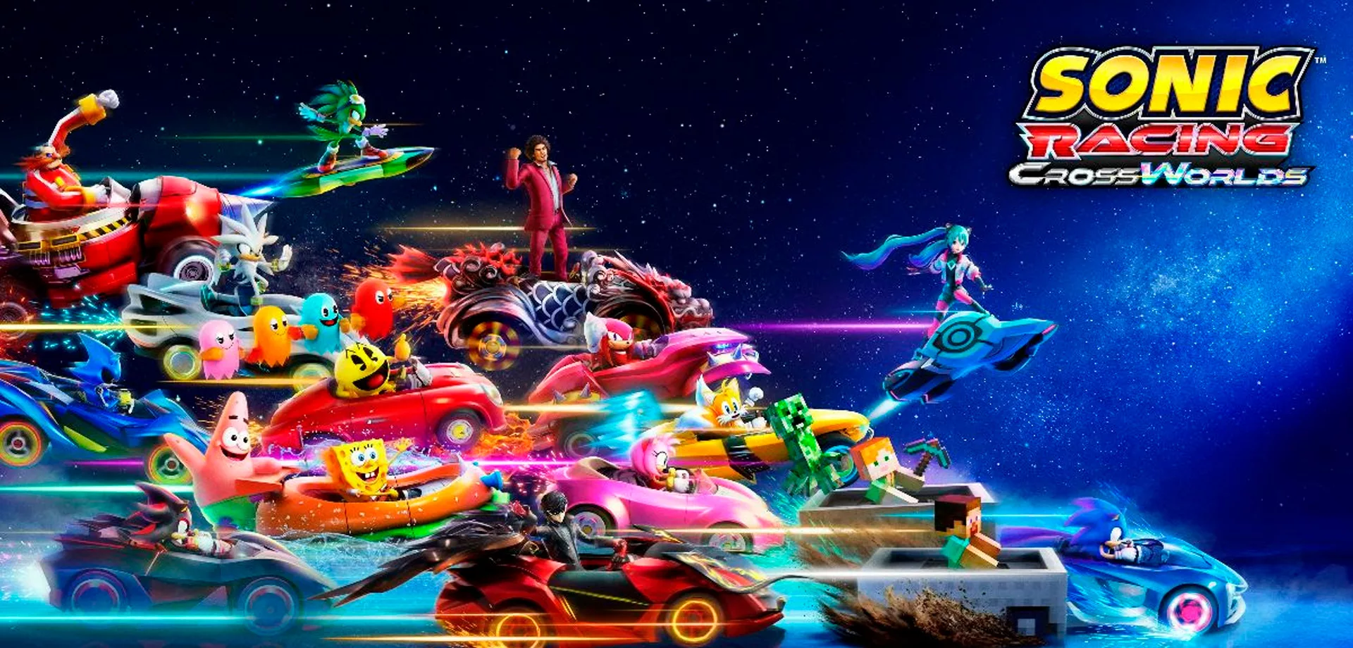 Vários personagens de Sonic Racing CrossWorlds incluindo Pac-Man e muitos de outros jogos.