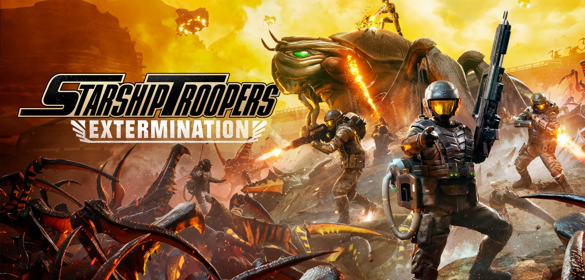 Capa de Starship Troopers: Extermination com soldados destruindo aracnídeos e um deles apontando pra tela fazendo alusão ao recrutamento.