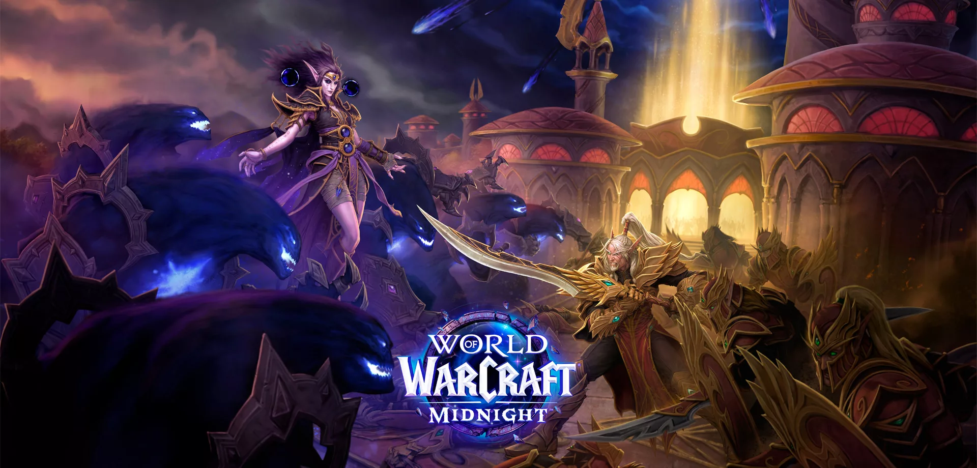 Protagonistas da história de World of Warcraft Midnight em combate frente a frente e o logo da nova expansão.
