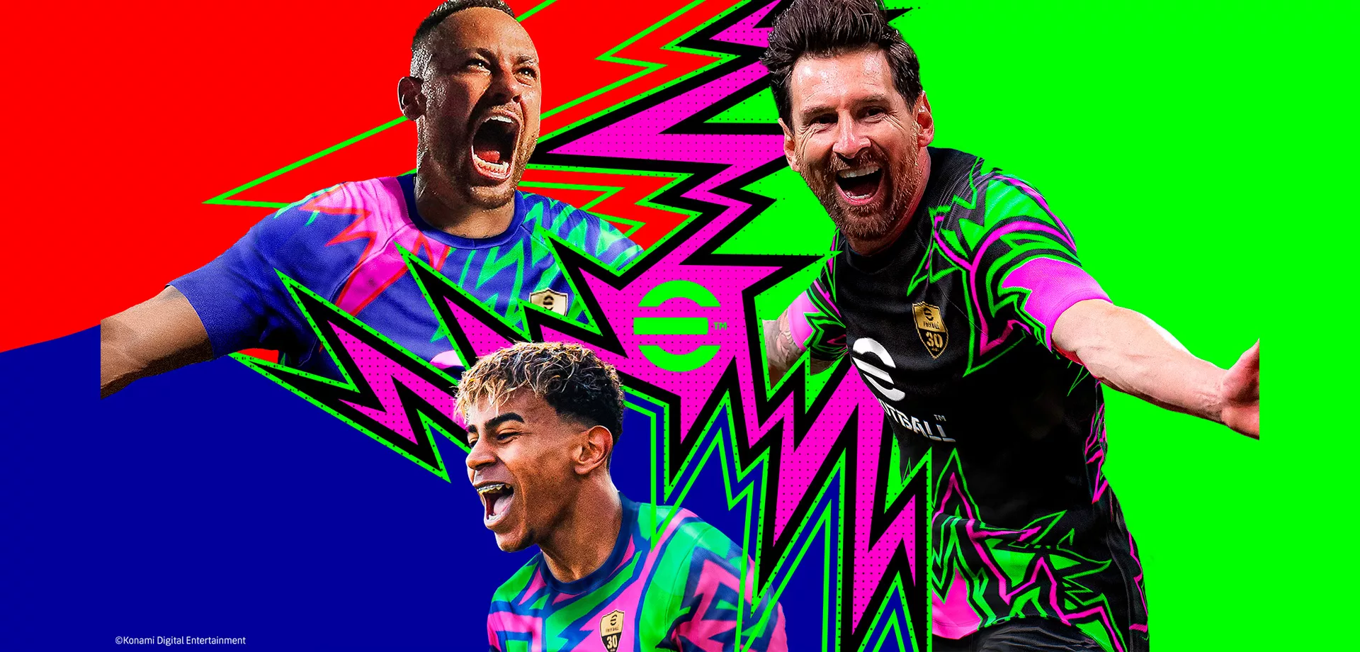 Lionel Messi, Neymar Jr. e Lamine Yamal, jogadores de futebol em volta da logo de eFootball.