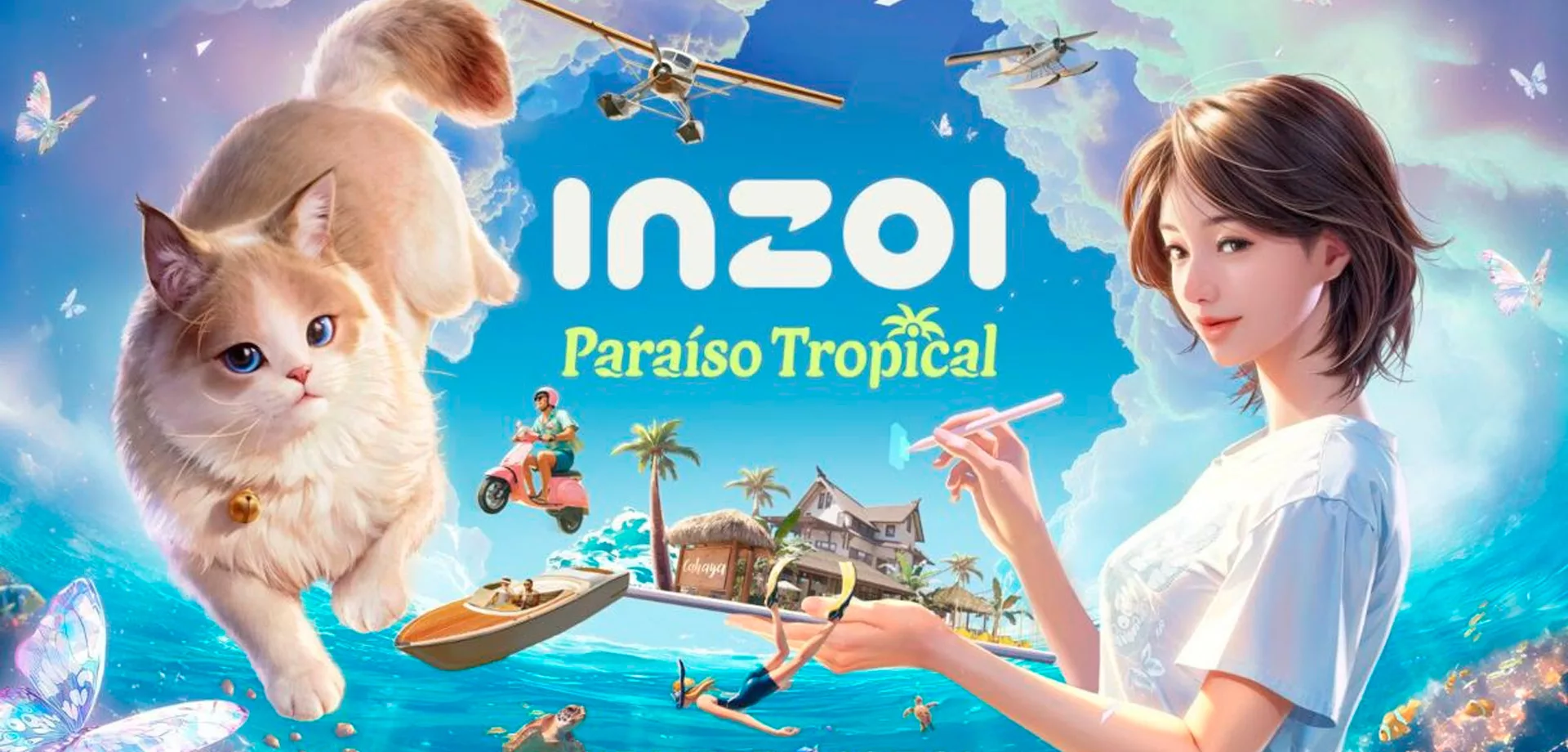 inZOI Paraíso Tropical escrito em imagem com personagens em atividades variadas, um gato, mar e muita tropicalidade.
