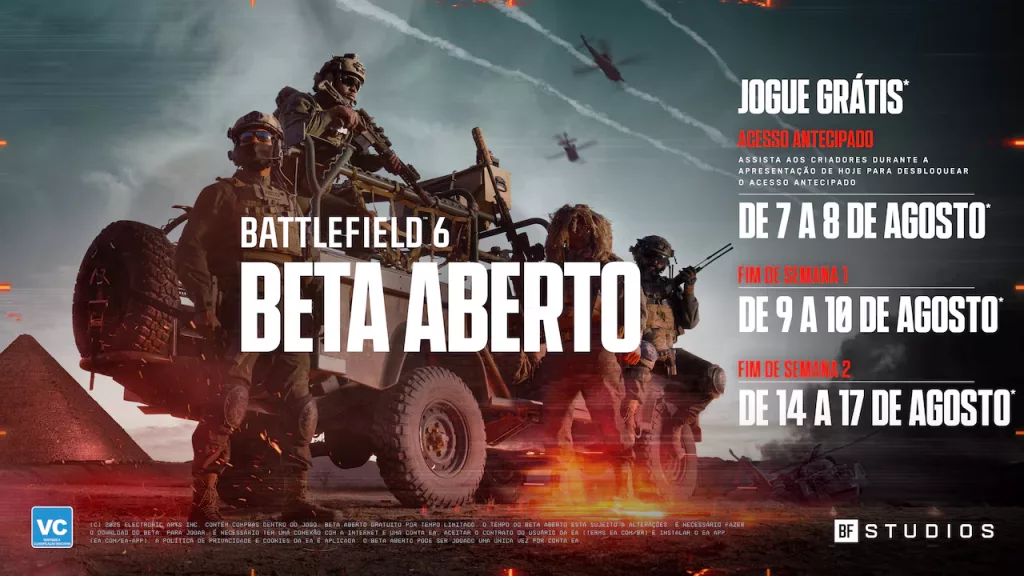 Carro com vários soldados e as datas do Beta Aberto.