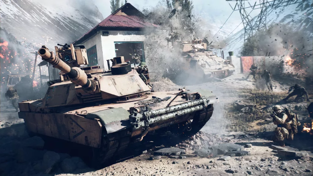 Blindados no meio de casas e soldados em Battlefield 6.