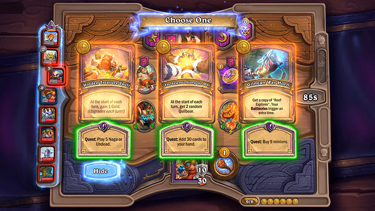 Tela com várias missões pra se escolher em Hearthstone.